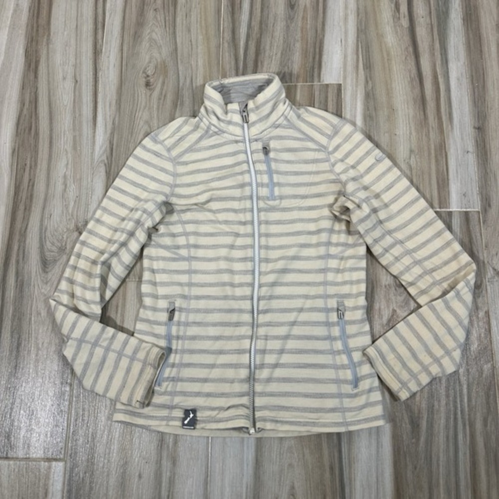 ICEBREAKER Beige Striped Merino Wool‎ Full Zip Jacket SZ S Outdoor Hiking Casual